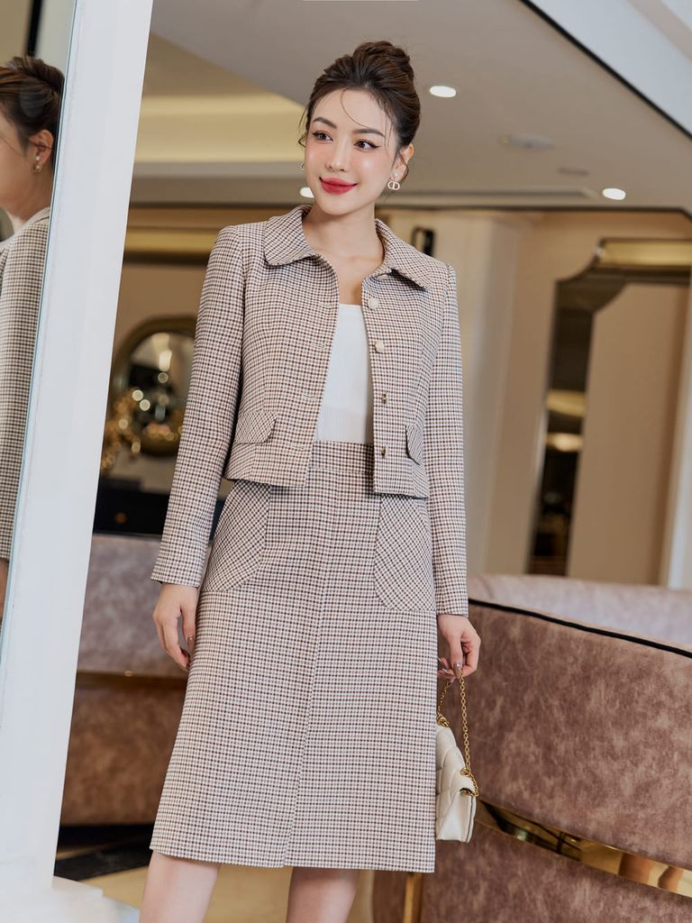  Chân váy dạ tweed dáng A túi ốp 
