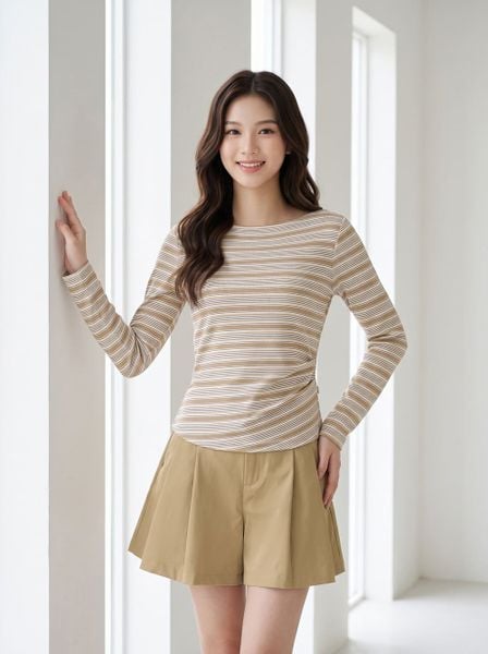  Áo cotton dài tay cổ thuyền xếp ly eo 