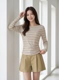  Áo cotton dài tay cổ thuyền xếp ly eo 