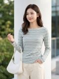  Áo cotton dài tay cổ thuyền xếp ly eo 