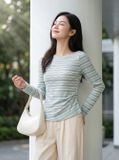  Áo cotton dài tay cổ thuyền xếp ly eo 