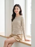  Áo cotton dài tay cổ thuyền xếp ly eo 