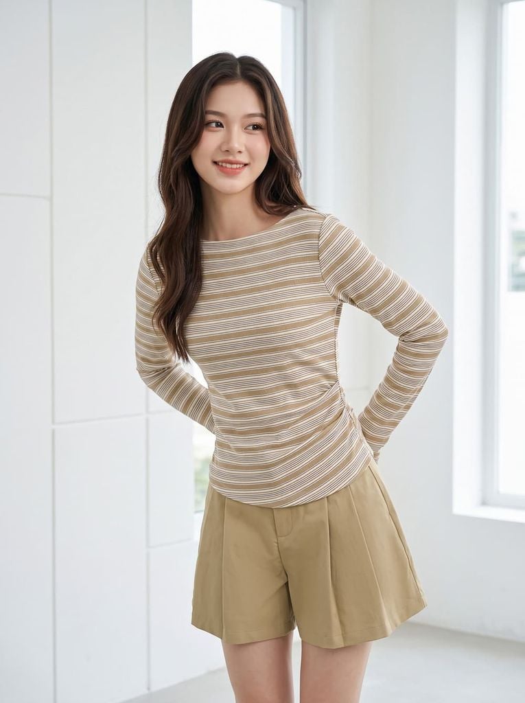  Áo cotton dài tay cổ thuyền xếp ly eo 