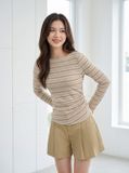  Áo cotton dài tay cổ thuyền xếp ly eo 