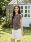  Áo cotton thun kẻ tay liền cổ thuyền xếp ly eo 