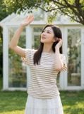  Áo cotton thun kẻ tay liền cổ thuyền xếp ly eo 