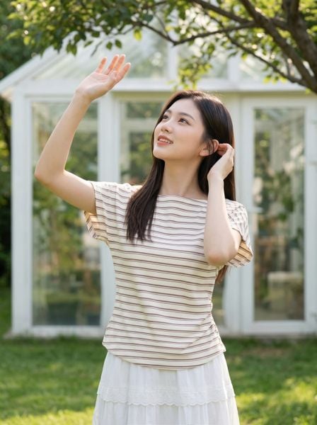  Áo cotton thun kẻ tay liền cổ thuyền xếp ly eo 