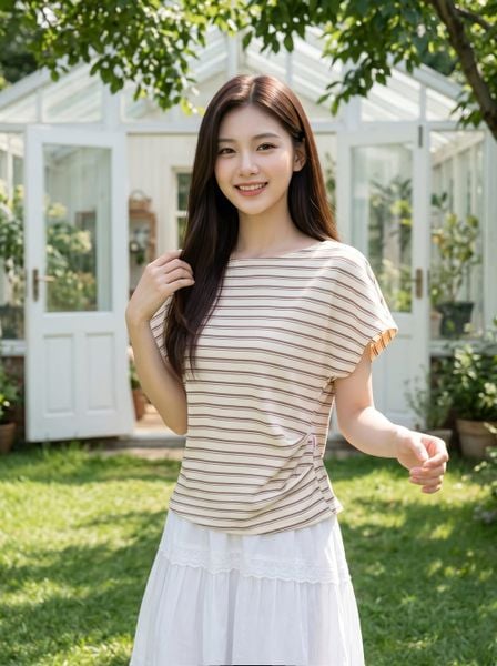  Áo cotton thun kẻ tay liền cổ thuyền xếp ly eo 