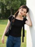  Áo cotton zip tay cộc cổ thắt nơ lệch 