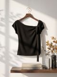  Áo cotton zip tay cộc cổ thắt nơ lệch 