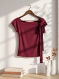  Áo cotton zip tay cộc cổ thắt nơ lệch 