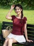  Áo cotton zip tay cộc cổ thắt nơ lệch 