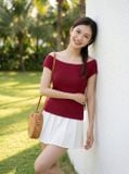 Áo cotton zip tay cộc cổ thắt nơ lệch 