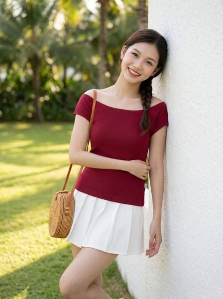  Áo cotton zip tay cộc cổ thắt nơ lệch 