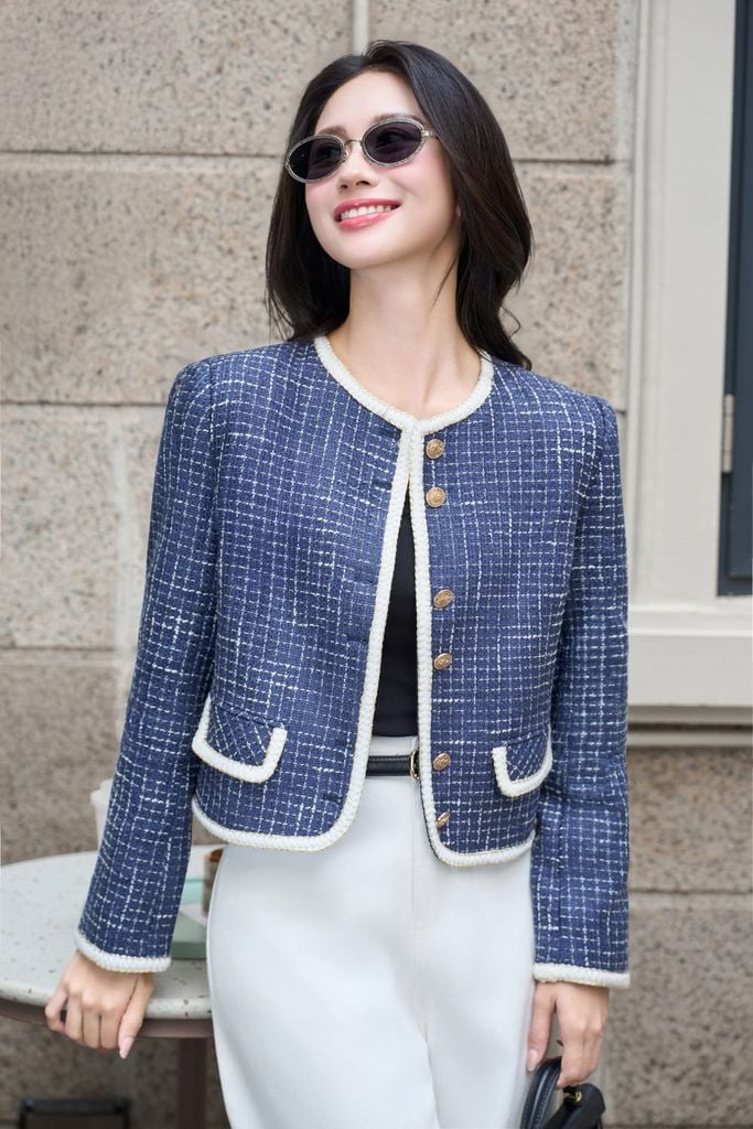  Áo khoác dạ tweed dáng ngắn cổ tròn bọc viền 