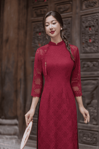 Áo dài nữ Hỷ Châu vải Ren Nhung dáng suông cổ Tàu đính tua rua