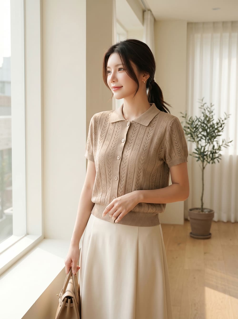 Áo dệt kim nữ tay cộc cổ đức bo gấu họa tiết