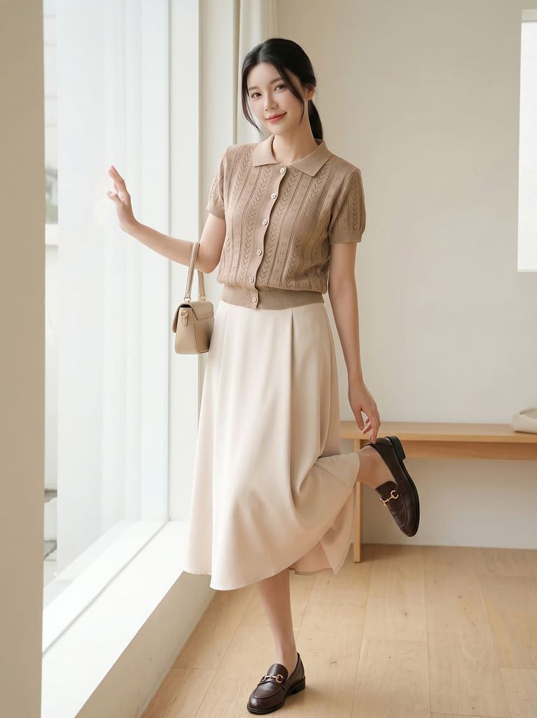  Áo dệt kim nữ tay cộc cổ đức bo gấu họa tiết 