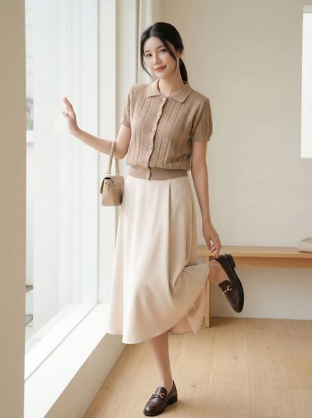  Áo dệt kim nữ tay cộc cổ đức bo gấu họa tiết 