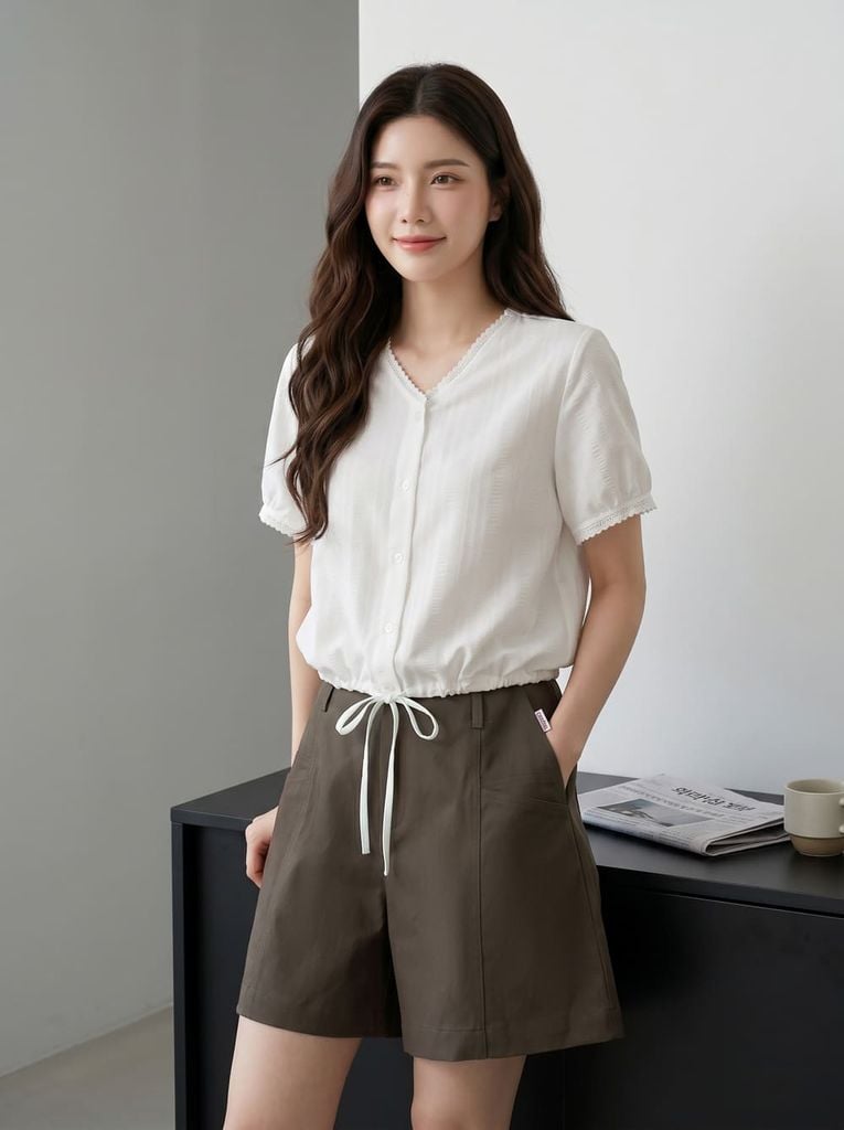  Áo đũi tay cộc cổ V rút gấu 