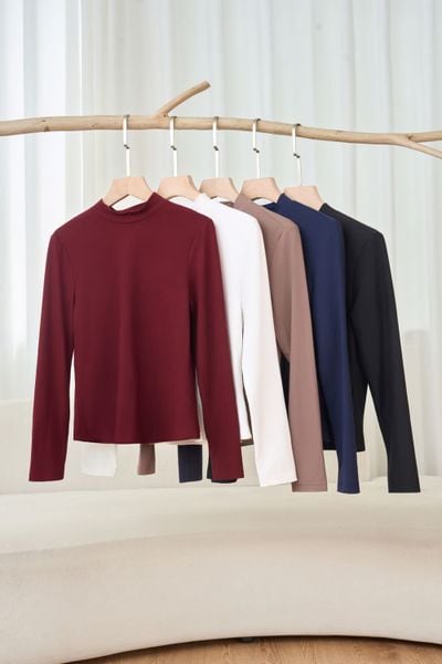 Áo giữ nhiệt nữ nỉ bông cotton dáng cổ 3cm basic