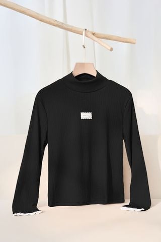 Áo giữ nhiệt nữ len tăm kim sa cổ cao phối ren