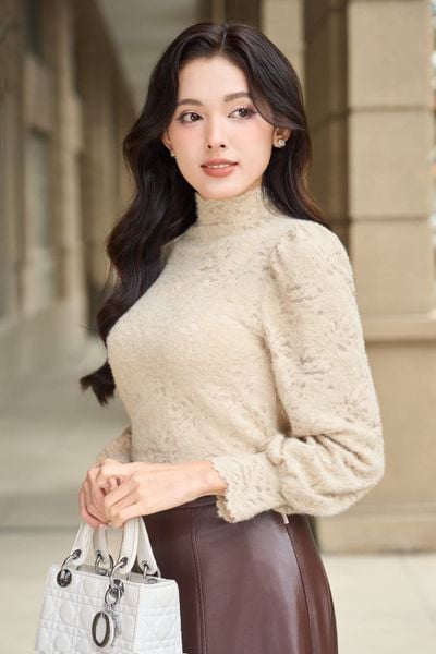 Áo kiểu nữ chất ren nhung cổ cao dáng vai bồng