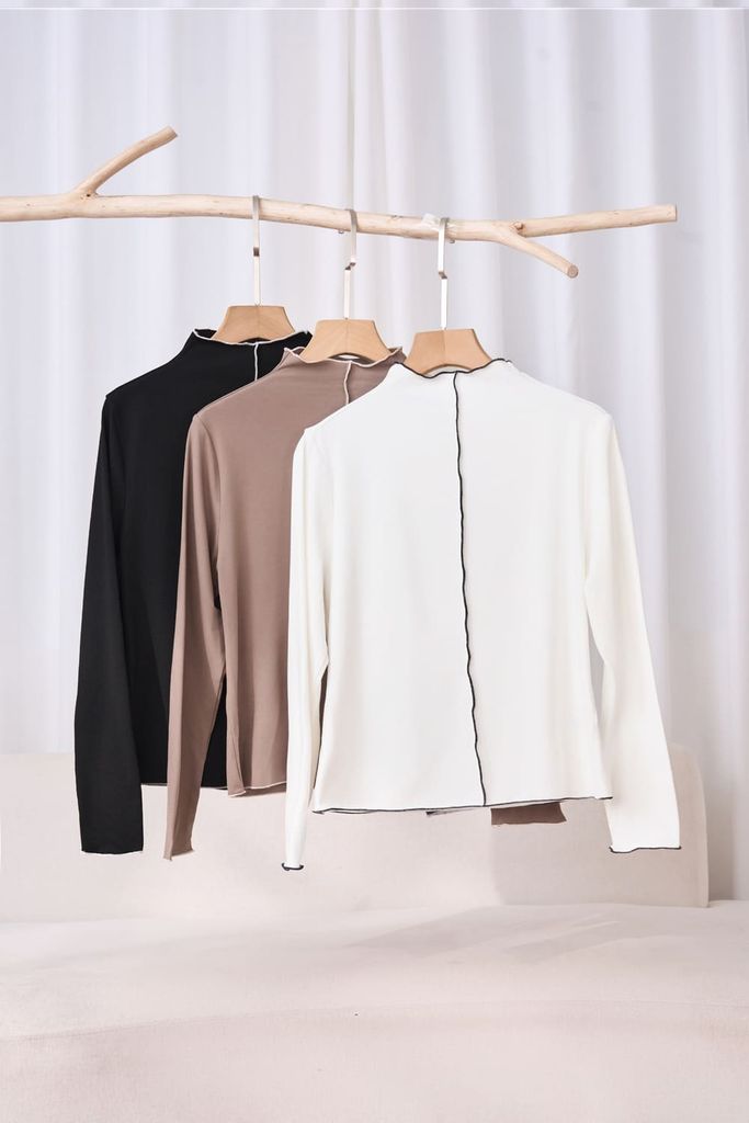  Áo nỉ bông cotton nữ dài tay dáng ôm cổ cao viền bèo 