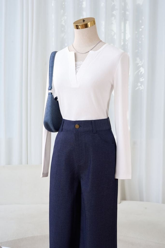  Áo giữ nhiệt nữ vải tăm cotton dài tay dáng cổ chữ V phối ren 