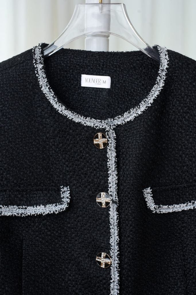  Áo khoác nữ Younger vải dạ tweed dáng ngắn cổ tròn phối viền 