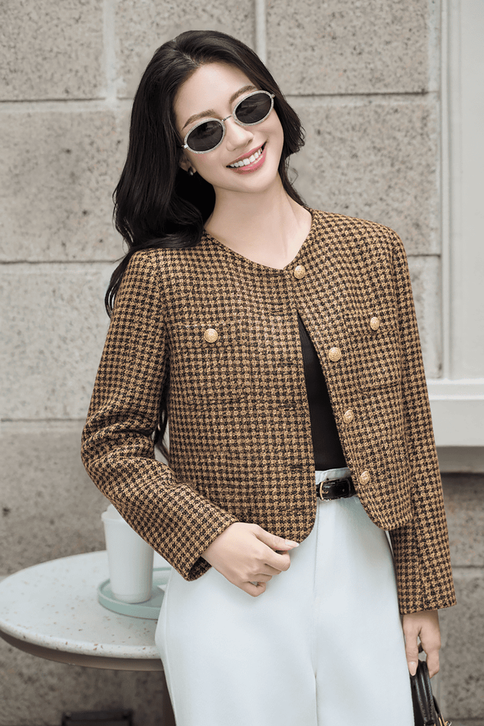 Áo khoác Graceful Vải Dạ tweed 2 lớp ngắn dáng ôm cổ tròn 