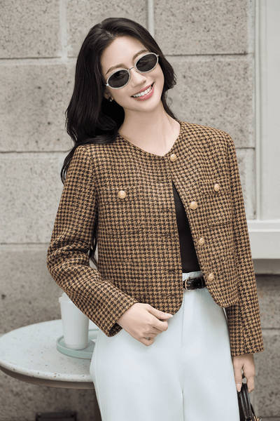  Áo khoác Graceful Vải Dạ tweed 2 lớp ngắn dáng ôm cổ tròn 