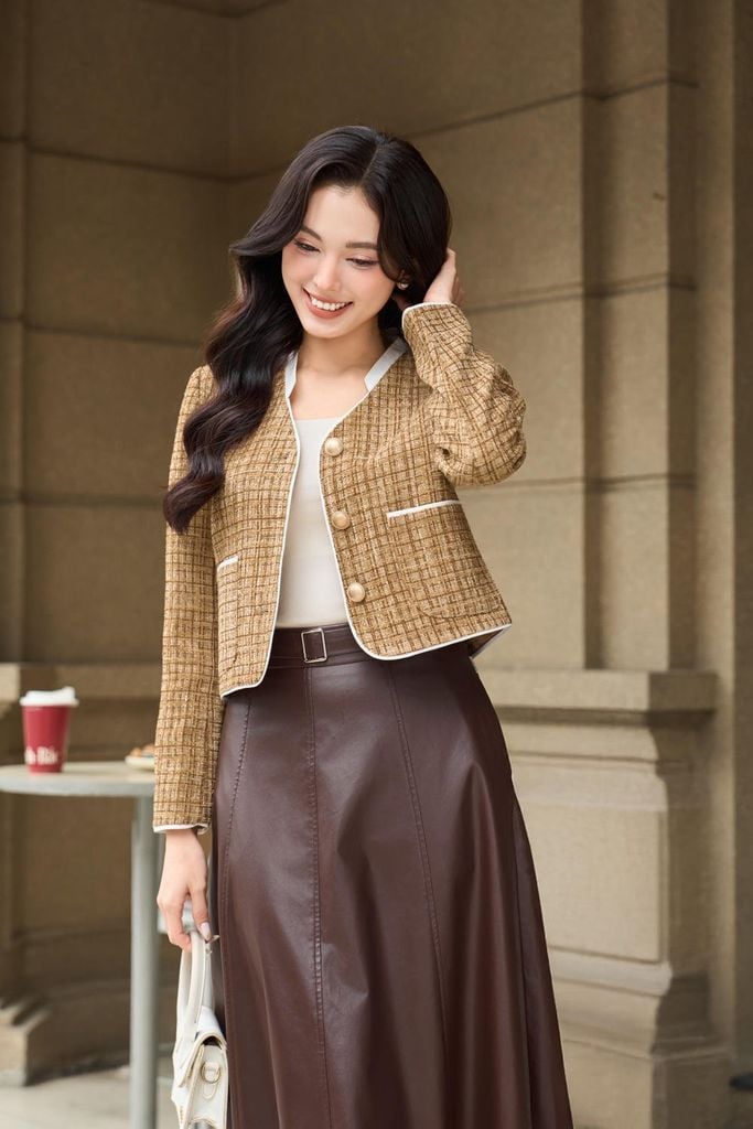  Áo Khoác Dạ Tweed Cao Cấp Viền Nổi Cổ Tàu Dáng Ngắn Sang Trọng 