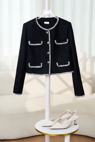Áo khoác nữ Younger vải dạ tweed dáng ngắn cổ tròn phối viền