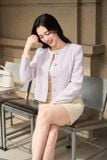  Áo khoác nữ Dạ Tweed dáng Ngắn cổ tròn viền màu 