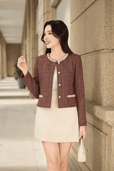  Áo khoác nữ Dạ Tweed dáng Ngắn cổ tròn viền màu 