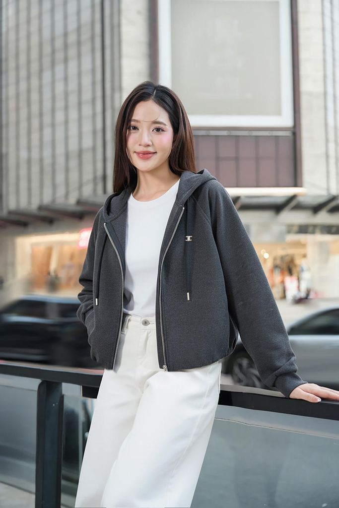  Áo khoác ngắn gấu bom tay raglan có mũ 