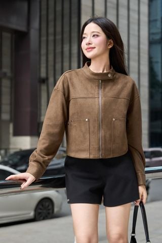 Áo khoác ngắn da lộn dáng suông cá tính có lót trong