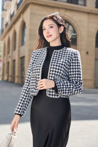 Áo khoác dạ kẻ lông thỏ nữ dáng ngắn họa tiết Lenorat