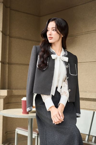  Áo khoác nữ Dạ ép phối Ren dáng Croptop cổ tròn 