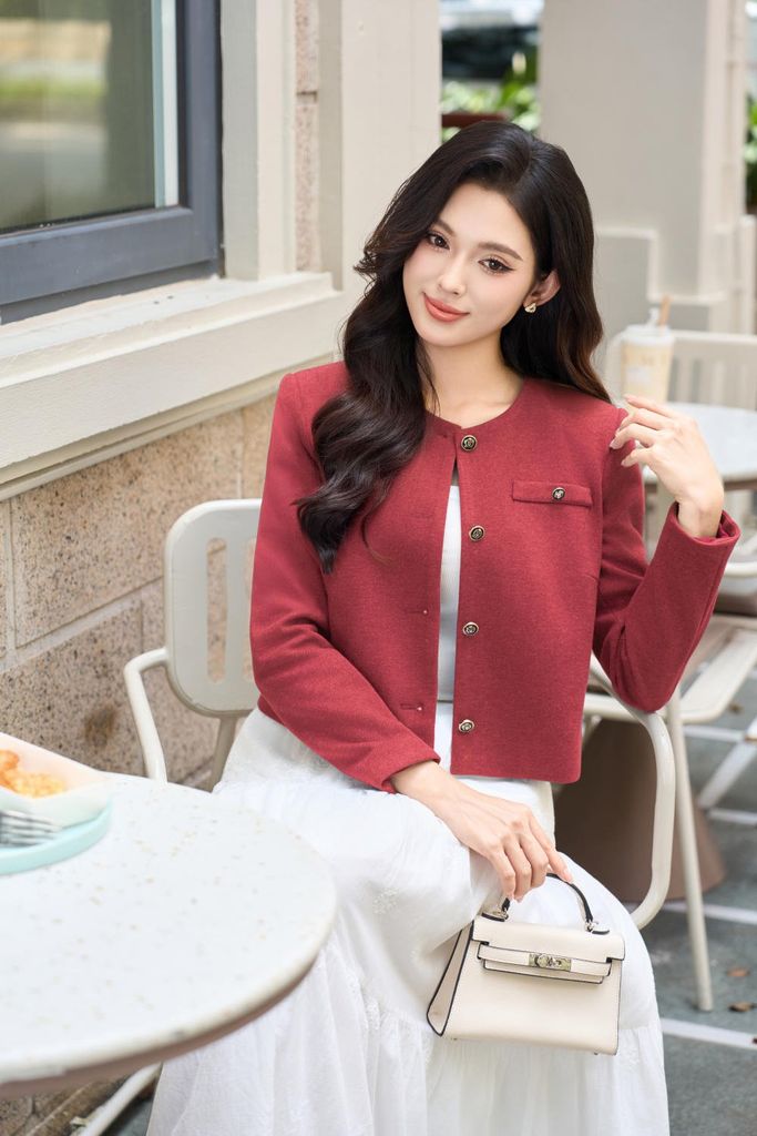  Áo khoác dạ nhung nữ 2 lớp dáng ngắn cổ tròn Harper 