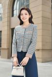  Áo khoác dạ Tweed dáng ngắn không cổ phối viền sang trọng 