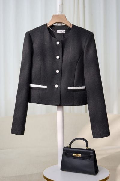  Áo khoác dáng croptop cổ tròn dạ tweed có lót habutai 