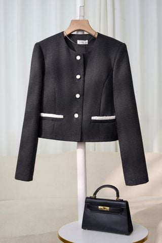 Áo khoác dáng croptop cổ tròn dạ tweed có lót habutai