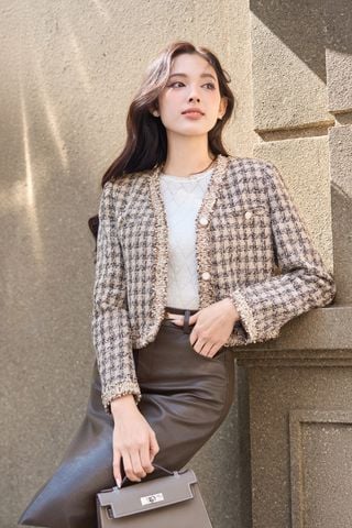 Áo khoác dáng ngắn cổ tim phối viền