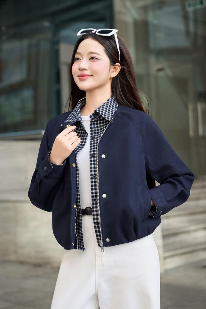  Áo khoác dạ ngắn Maddy phối cổ kẻ caro thời thượng 