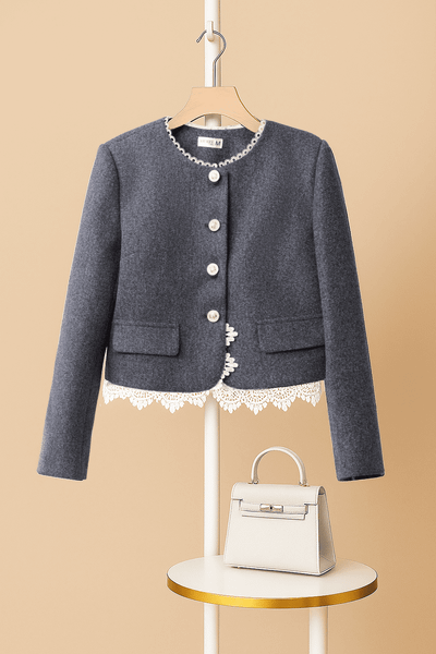  Áo khoác dáng ngắn cổ tròn phối gấu chất dạ 2 lớp có lót habutai 