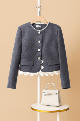 Áo khoác dáng ngắn cổ tròn phối gấu chất dạ 2 lớp có lót habutai