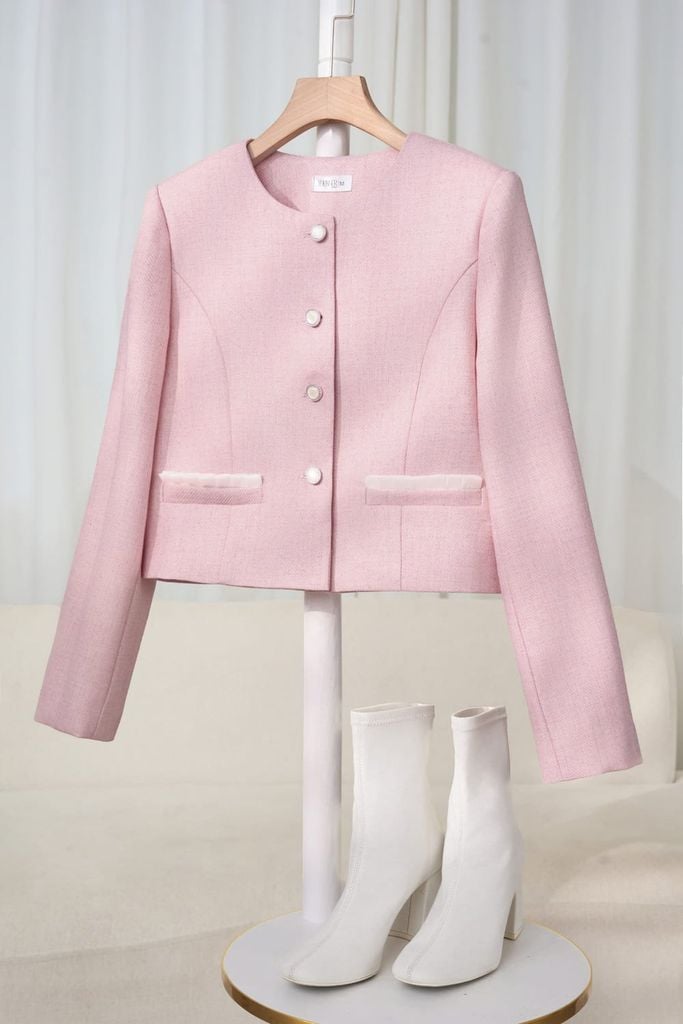  Áo khoác dáng croptop cổ tròn dạ tweed có lót habutai 