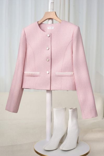  Áo khoác dáng croptop cổ tròn dạ tweed có lót habutai 